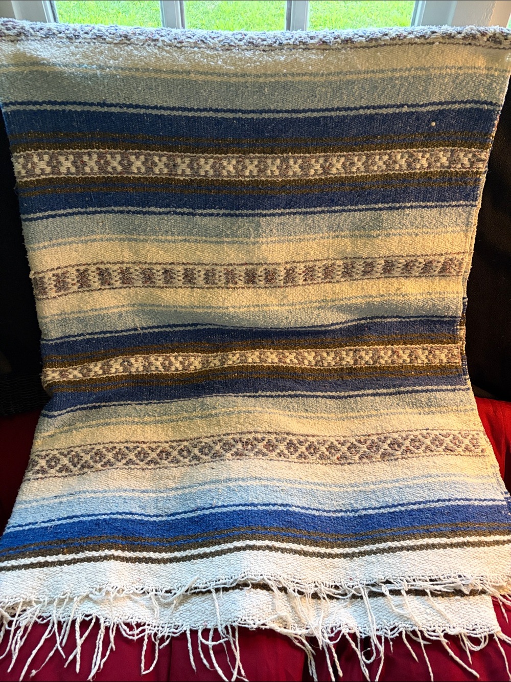 Striped Woven Throw Mexican Blanket with Fringe in Blue and Cream